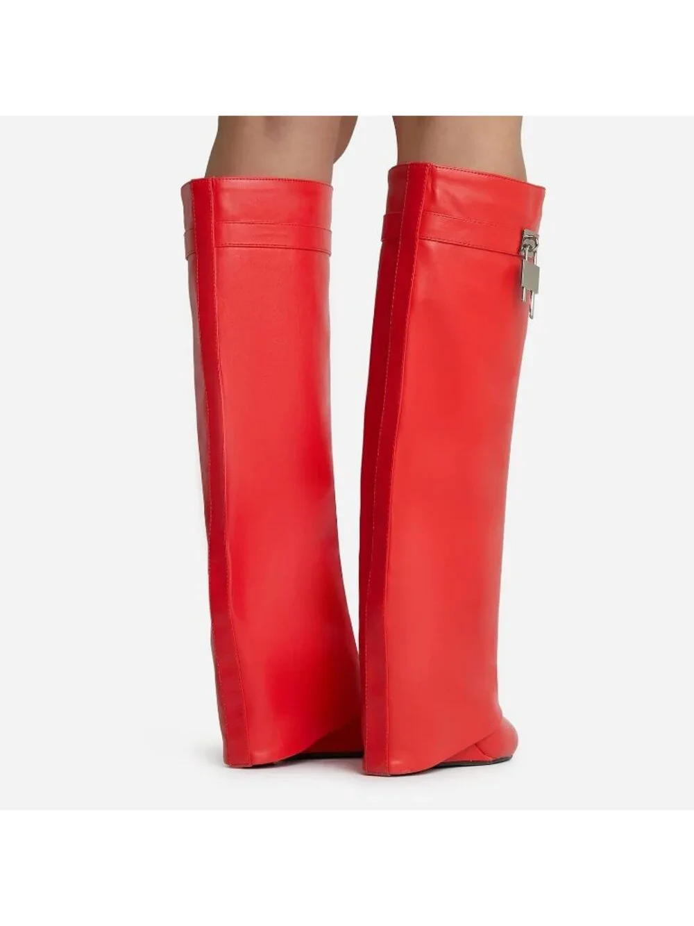 Women's Red Fold Over Wide Calf Wedge Heel Knee High With Decorative Lock Boot